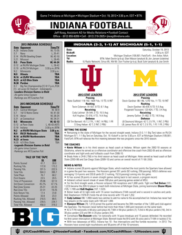 INDIANA Football Jeff Keag, Assistant AD for Media Relations • Football Contact Office - (812) 855-6209 • Cell - (812) 219-2925 • Jkeag@Indiana.Edu