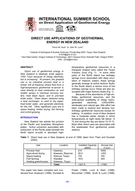 INTERNATIONAL SUMMER SCHOOL on Direct Application of Geothermal Energy