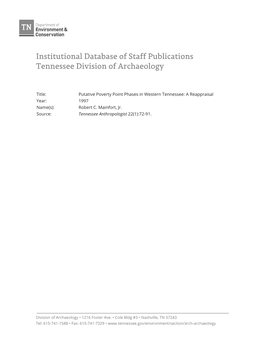 Institutional Database of Staff Publications Tennessee Division of Archaeology