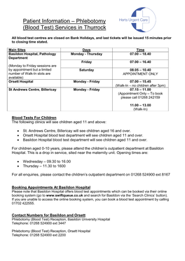 Patient Information – Phlebotomy (Blood Test) Services in Thurrock