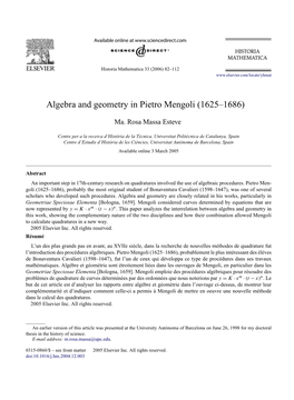 Algebra and Geometry in Pietro Mengoli (1625–1686) ✩