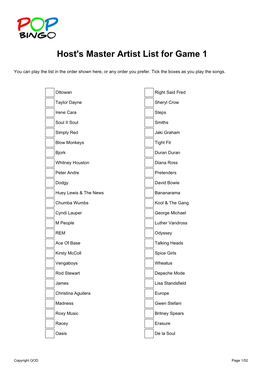 Host's Master Artist List for Game 1