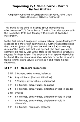 Improving 2/1 Game Force, Part 3, by Fred Gitelman