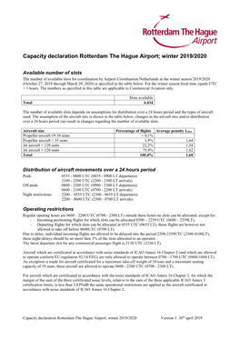 Capacity Declaration Rotterdam the Hague Airport; Winter 2019/2020