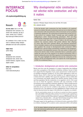 Why Developmental Niche Construction Is Not Selective Niche Construction: and Why Rsfs.Royalsocietypublishing.Org It Matters Karola Stotz