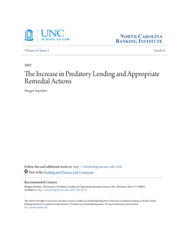 The Increase in Predatory Lending and Appropriate Remedial Actions, 6 N.C