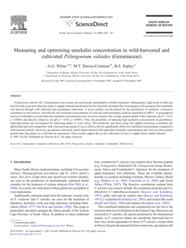 Measuring and Optimising Umckalin Concentration in Wild-Harvested and Cultivated Pelargonium Sidoides (Geraniaceae) ⁎ A.G