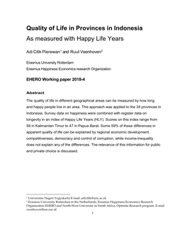 Quality of Life in Provinces in Indonesia As Measured with Happy Life Years