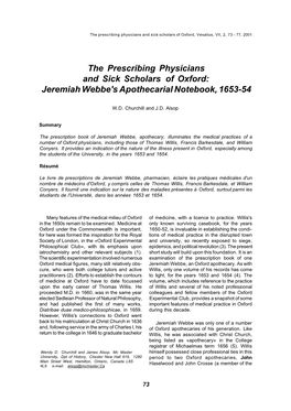 The Prescribing Physicians and Sick Scholars of Oxford: Jeremiah Webbe's Apothecarial Notebook, 1653-54