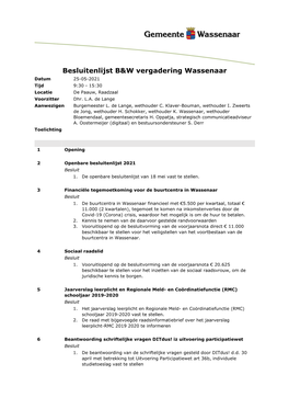 Besluitenlijst B&W Vergadering Wassenaar