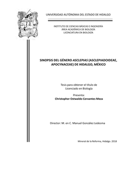 Sinopsis Del Género Asclepias (Asclepiadoideae, Apocynaceae) De Hidalgo, México