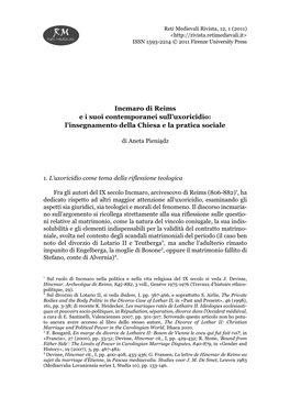 Incmaro Di Reims Ei Suoi Contemporanei Sull'uxoricidio: L'insegnamento Della Chiesa E La Pratica Sociale