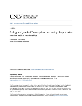 Ecology and Growth of Tamias Palmeri and Testing of a Protocol to Monitor Habitat Relationships