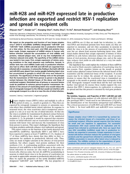 Mir-H28 and Mir-H29 Expressed Late in Productive Infection Are Exported and Restrict HSV-1 Replication and Spread in Recipient Cells