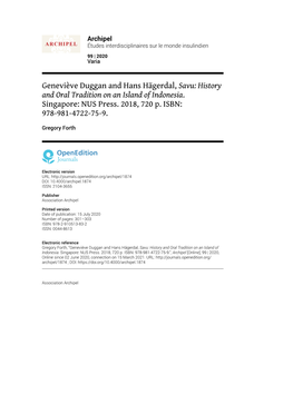 Geneviève Duggan and Hans Hägerdal, Savu: History and Oral Tradition on an Island of Indonesia