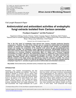 Antimicrobial and Antioxidant Activities of Endophytic Fungi Extracts Isolated from Carissa Carandas