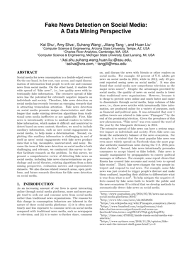 Fake News Detection on Social Media: a Data Mining Perspective