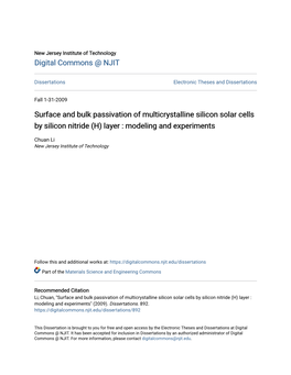 Surface and Bulk Passivation of Multicrystalline Silicon Solar Cells by Silicon Nitride (H) Layer : Modeling and Experiments