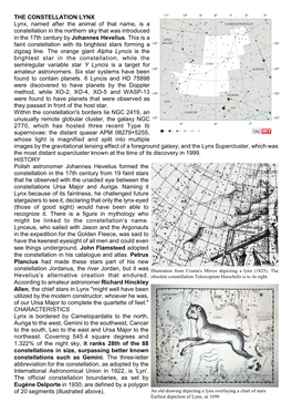 THE CONSTELLATION LYNX Lynx, Named After the Animal of That Name, Is a Constellation in the Northern Sky That Was Introduced in the 17Th Century by Johannes Hevelius