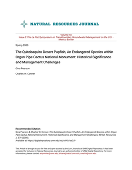 The Quitobaquito Desert Pupfish, an Endangered Species Within Organ Pipe Cactus National Monument: Historical Significance and Management Challenges