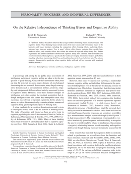 On the Relative Independence of Thinking Biases and Cognitive Ability
