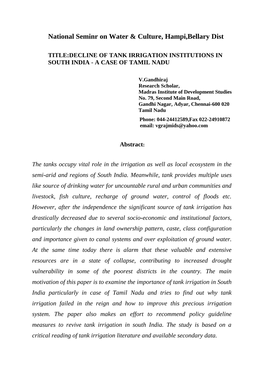 Decline of Tank Irrigation Institutions in South India - a Case of Tamil Nadu