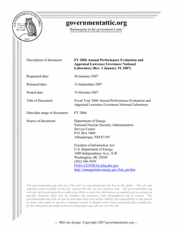 FY 2006 Annual Performance Evaluation and Appraisal Lawrence Livermore National Laboratory (Rev