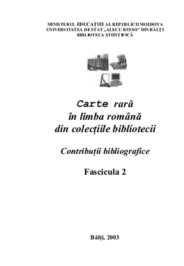 Carte Rară În Limba Română Din Colecţiile Bibliotecii