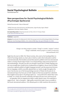 New Perspectives for Social Psychological Bulletin (Psychologia Społeczna)