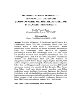 Perkembangan Sosial Ekonomi Kota Lubuklinggau Tahun 2001-2016 (Sumbangan Materi Pada Mata Pelajaran Sejarah Di Sma Negeri 1 Lubuklinggau)