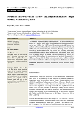 Diversity, Distribution and Status of the Amphibian Fauna of Sangli District, Maharashtra, India