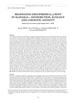 Beckmannia Eruciformis (L.) Host in Slovakia – Distribution, Ecology and Coenotic Affinity Dedicated to the Memory of Ján Bogoly (1951 – 2011)