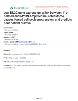 Low DLG2 Gene Expression, a Link Between 11Q- Deleted and MYCN-Amplifed Neuroblastoma, Causes Forced Cell Cycle Progression, and Predicts Poor Patient Survival