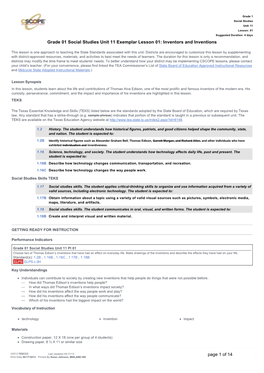 Grade 01 Social Studies Unit 11 Exemplar Lesson 01: Inventors and Inventions