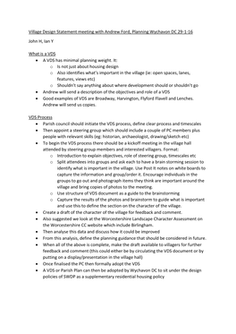 Village Design Statement Meeting with Andrew Ford, Planning Wychavon DC 29-1-16 John H, Ian Y