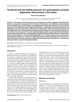 Territorial and Site Fidelity Behavior Oflyriocephalus Scutatus (Agamidae: Draconinae) in Sri Lanka 1Imesh Nuwan Bandara