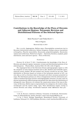 Contributions to the Knowledge of the Flora of Slovenia and Adjacent Regions: Taxonomic Revision and Distributional Patterns of Ten Selected Species