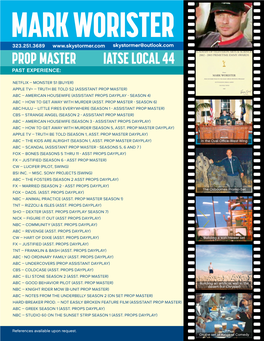 Prop Master Iatse Local 44 Past Experience