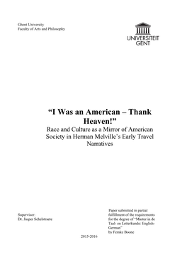 “I Was an American – Thank Heaven!” Race and Culture As a Mirror of American Society in Herman Melville’S Early Travel Narratives