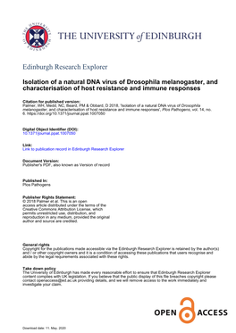 Isolation of a Natural DNA Virus of Drosophila Melanogaster, and Characterisation of Host Resistance and Immune Responses