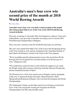 Australia's Men's Four Crew Win Second Prize of the Month at 2018 World Rowing Awards by Nancy Gillen