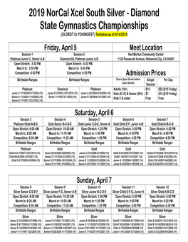 2019 Norcal Xcel South Silver - Diamond State Gymnastics Championships (OLDEST to YOUNGEST) Tentative As of 3/14/2019