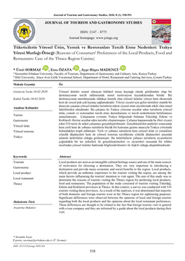 Tüketicilerin Yöresel Ürün, Yemek Ve Restoranları Tercih Etme Nedenleri