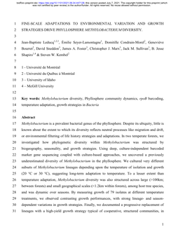 1 Fine-Scale Adaptations to Environmental Variation and Growth 1 Strategies Drive Phyllosphere Methylobacterium Diversity. 2