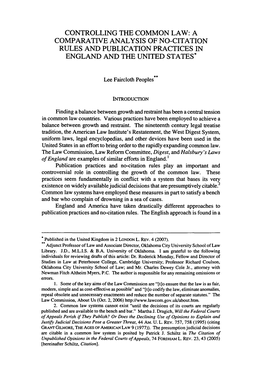 Controlling the Common Law: a Comparative Analysis of No-Citation Rules and Publication Practices in England and the United States*