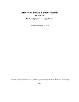 American Poetry Review Records Ms