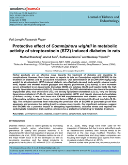 Protective Effect of Commiphora Wightii in Metabolic Activity of Streptozotocin (STZ) Induced Diabetes in Rats