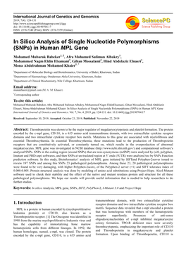 In Silico Analysis of Single Nucleotide Polymorphisms (Snps) in Human MPL Gene