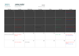 2021 January Monday Calendar Year Calendar Month First Day of Week