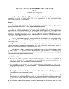 THE INTER-AMERICAN TELECOMMUNICATION COMMISSION CITEL DECLARATION of QUITO at the Conclusion of the Second Regular Assembly of T